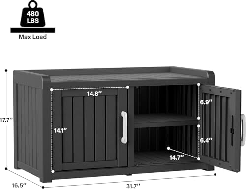 Outdoor Shoe Storage Bench with 2 Doors, Waterproof UV-Resistant Resin Cabinet, Entryway Organizer for Porch, Hallway, Black
