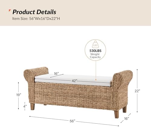 56" Rattan Storage Bench with Rolled Arms, Bohemian Farmhouse End of Bed Upholstered Benches, Interior Divided Entryway Footstool with Solid Wood Legs, Natural