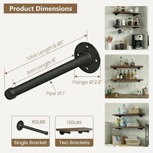 8 Inch Industrial Pipe Shelf Brackets Set of 6, Black Wall Shelving