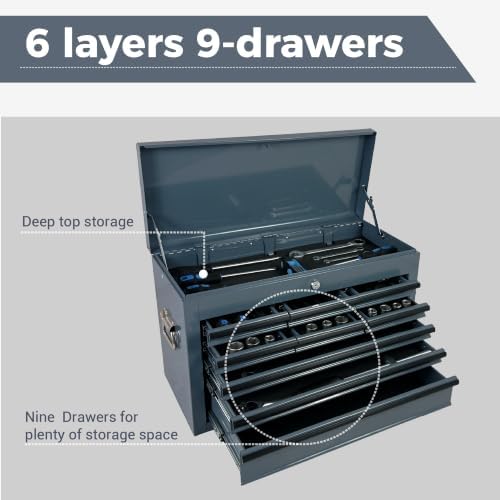 9 Drawers Metal Tool Box, 24" Portable Steel Tool Chest with Key Lock & EVA Liners, Multi-Function Top Storage Tray Toolbox with Powder Coating & Ball Bearing Slides for Garage & Workshop(Grey)