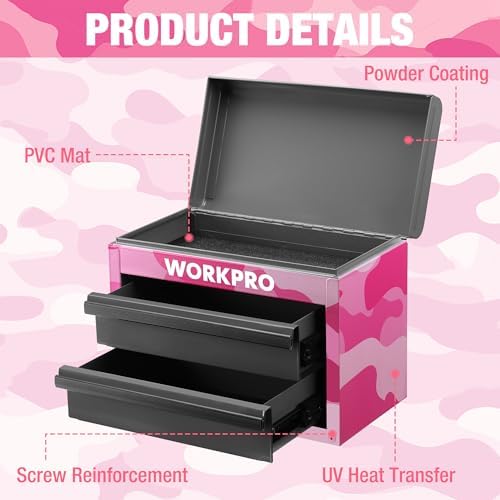 WORKPRO Metal Mini Tool Box with 2 Drawers and Top Storage