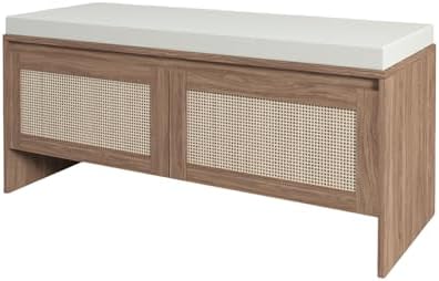 SOFTSEA 39.4" Shoe Storage Bench with Rattan Doors & Cushion, Natural