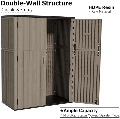 ZZM 57 Cu.ft Outdoor Storage Shed HDPE Storage Cabinet, Double-Wall Resin Sheds with Floor Vertical Lockable Sheds Garden Tools Trash Can, Lawn Mower, Bike Storage, Waterproof, Brown