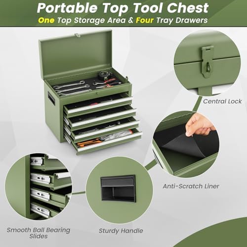 DREAMADE 5-Drawer Tool Chest Combo, Rolling Tool Cabinet w/Detachable Top Tool Box, Adjustable Shelves, Lockable Wheels, Metal Tool Box for Garage, Workshop, Repair Shop Storage (Olive Green)