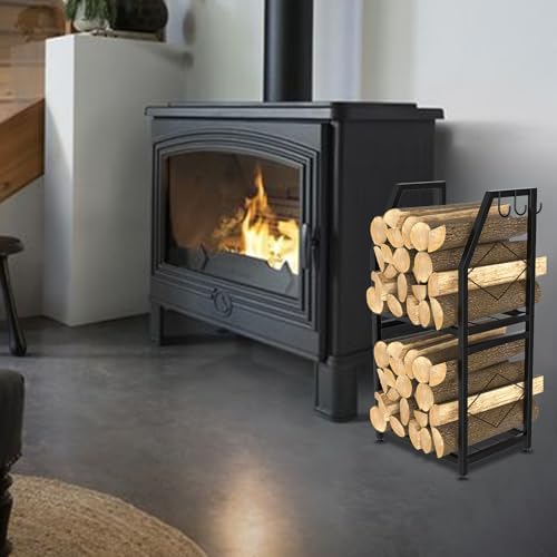 VyGrow Firewood Rack for Indoor, 2-Tier Firewood Holder with 3 Hanging Hooks, Heavy Duty Wood Rack for Outdoor Patio, Black