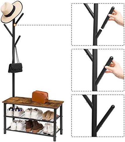 HOOBRO Coat Rack Shoe Bench, 3-Tier Shoe Rack, Industrial Storage Bench