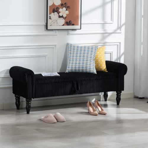 60" Corduroy Storage Bench, Queen End of Bed, Black