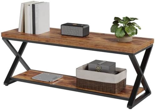 IBF Rustic Entryway Bench with Storage, Rustic Brown Wood and Metal Bench