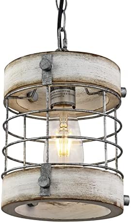 Retro Industrial Metal and Wood Chandelier 1-Light Round Cage Pendant Light Fixture for Kitchen Island Foyer Hallway Bar Dining Room Restaurant, D 7.9" x H 8.7" (White)