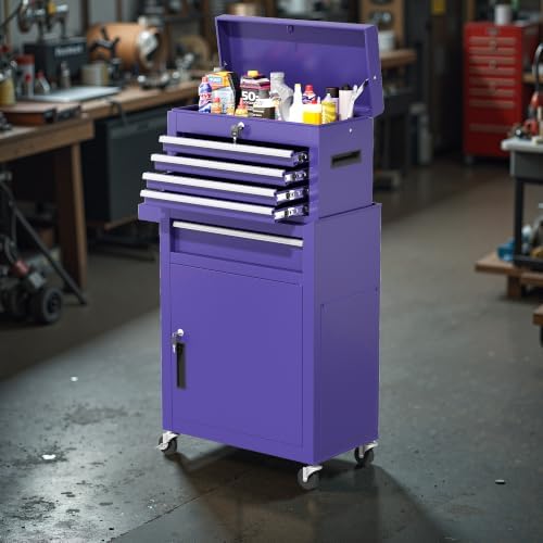 Greenvelly 5-Drawer Tool Chest with Wheels, Pre-Assembled Rolling Tool Chest, Detachable Top Tool Box, Lockable Design, Comes with Drawer Liners & Side Hooks for Garage Workshop Repair Room (Purple)