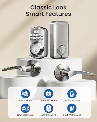 Veise KS01B Keypad Door Lock with 2 Lever Handles Set, Satin Nickel