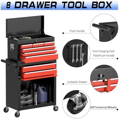 8-Drawer Rolling Tool Chest Tool Box,Removable Tool Storage Cabinet with 4 Wheels and Drawers,2 in 1 Portable Toolbox Organizer, Tool Chest with Lockable Drawer Gifts for Men (BlackRed)