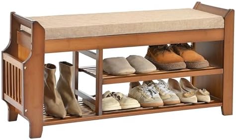 PETKABOO Shoe Bench with Hidden Drawer and Side Holder, 2 Tier Entryway Bench with Storage 39.4 in, Bamboo Shoe Rack with Cushion for Entryway Hallway Living Room Bedroom