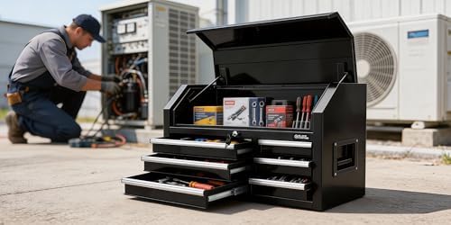 42" Rolling Tool Chest with 6 Drawers - Tool Box with Ball Bearing Slides, Iron Lift-Latch Handles, Flip-Open Top Compartment, Slip-Resistant Liners, Ideal for Garage, Workshop, and Industrial Storage