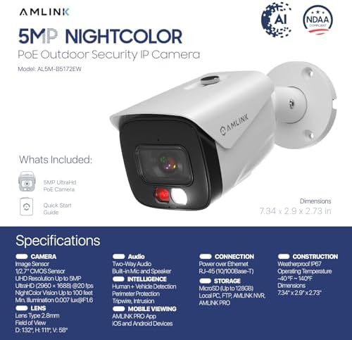 AMLINK 5MP Security AI IP PoE Camera, Night Color 100ft, Human/Vehicle Detection, NDAA Compliant, Indoor Outdoor Surveillance Bullet, 2-Way Audio, Support 256GB MicroSD, Deterrent, 20fps AL5M-B5172EW