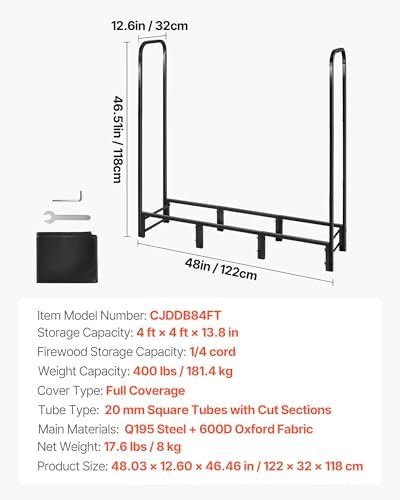VEVOR Firewood Rack with Waterproof Cover, 4 ft Outdoor Firewood Holder, 1/4 Cord Storage Metal Log Holder, 400lb Max Weight Capacity, Full Covered, Powder-Coated Wood Storage Rack for Fireplace Deck