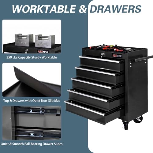 5 Drawers Rolling Tool Chest on Wheels, Multifunctional Tool Cart Tool Storage, Drawers Rolling Tool Trolley Organizer Tool Case for Garage,Warehouse,Workshop,Repair Shop (5 Drawers-Black)
