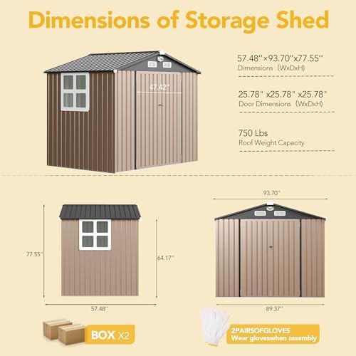 8x6FT Outdoor Storage Shed, Tool Shed with Sloping Roof and Lockable Door, Galvanized Metal Shed for Backyard Garden Patio Lawn, Brown1