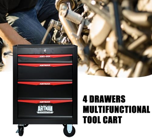 Heavy Duty 4-Drawer Rolling Tool Chest, Key Lock Tool Storage Cabinet with Lockable Casters & Drawer Liners, Mobile Tool Organizer Cart for Garage Workshop Warehouse Repair Shop (Black)