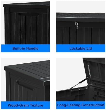 180 Gallon Resin Outdoor Deck Box Waterproof Patio Furniture, Garden Tools, Cushions, Pool Accessories Outside Storage (Black, 180 Gallon)