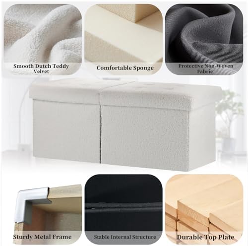 Bsketa Storage Ottoman Bench, 34" Folding Velvet Foot Rest Stool, White