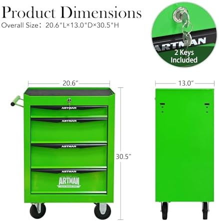 4 Drawer Rolling Tool Chest on Wheels,Multifunctional Mobile Metal Tool Cart,Drawers Rolling Trolley Organizer Tool Storage Box for Repair Shop,Warehouse,Garage,Workshop(4 Drawers-30.5"H-Green)