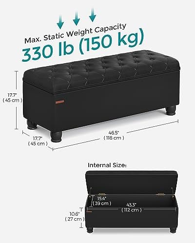 SONGMICS Storage Ottoman, 46.5 Inches Long Bed End Stool, Solid Wood Legs