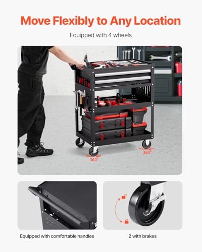 VEVOR 5-Tier Tool Cart with Wheels, 400 lbs Load Capacity, Rolling Work Cart with 2 Drawers & Pegboard, Mechanic Tool Storage Organizer with Locking System for Garage, Warehouse and Repair Shop, Black