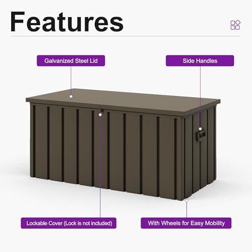 PURPLE LEAF Outdoor Deck Box 100 Gallon, Waterproof Lockable Storage, Brown