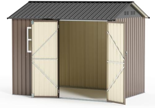 LAUSAINT HOME 8 x 6 FT Outdoor Storage Shed with Window, Galvanized Steel Storage Shed, Double Lockable Doors, Gable Roof & Air Vent for Backyard, Brown