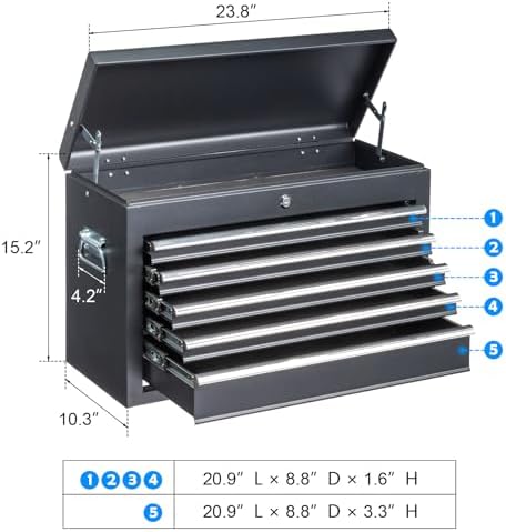 Winado 24" Portable Metal Tool Box, 5 Drawers Lockable Toolbox, Black