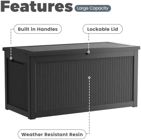 380 Gallon Outdoor Deck Box, Lockable Waterproof Outdoor Storage Boxes For Garden Tools,Indoor Cushions,Accessories Outside Storage Resin Weatherproof Container, Black