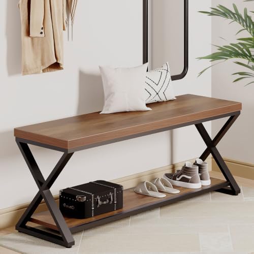 IBF Rustic Entryway Bench with Storage, Rustic Oak Wood and Metal Bench