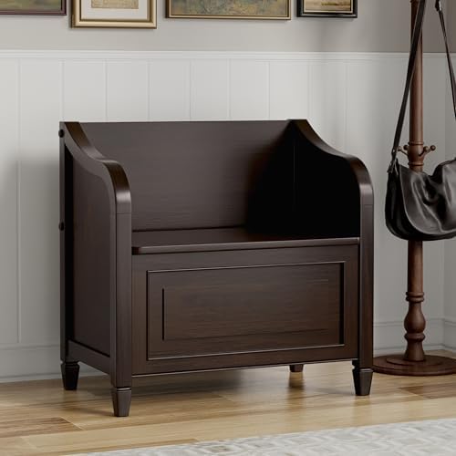 SIMPLIHOME Connaught 30" Wide Solid Wood Storage Bench in Chestnut Brown