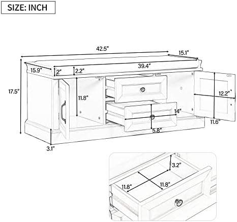 Knocbel 42.5" Storage Bench with Removable Cushion, 2 Drawers and 2 Cabinets, Entryway Hallway Foyer Shoe Bench Bedroom End of Bed Bench (Gray Wash)