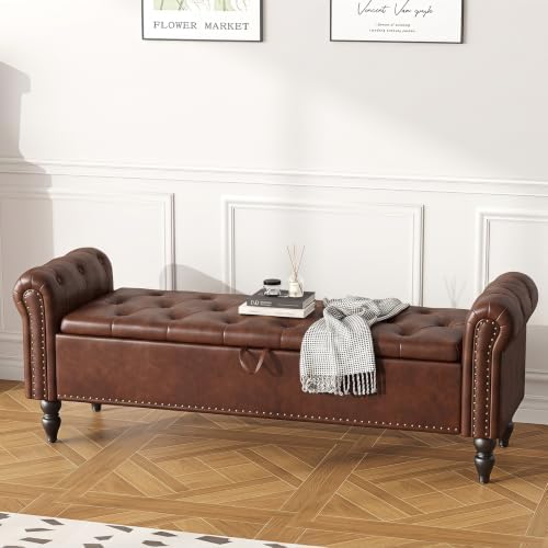 Furniliving 63” End of Bed Storage Bench, Bedroom Bench with Button-Tufted, Upholstered Storage Ottoman Benches Window Bench with Storage, Leather Bench for Living Room, Entryway, PU, Darkbrown