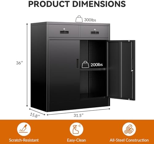 BESFUR Metal Storage Cabinet, Garage Storage Cabinet with 2 Drawers and Adjustable Shelf, Locking Short Storage Cabinet for Office Garage Home, Black Metal Cabinets(36" H x 31.5" W x 16" D)