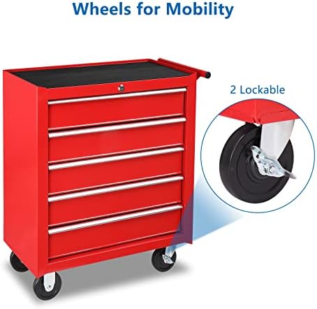 TUFFIOM 5-Drawer Rolling Tool Chest w/Drawers & Lock, Tool Storage Cabinet with Lockable Wheels, Top Cushion & Drawer Liners, Tool Organizer Box for Garage, Warehouse & Repair Sho