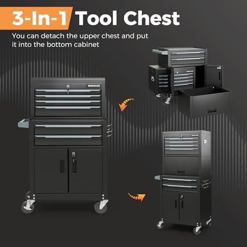 IRONMAX 3-in-1 Steel Rolling Tool Chest, 6 Drawers and Storage Compartment