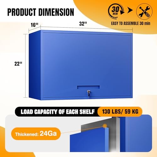 Metal Wall Storage Cabinet 22'' Tall Wall-Mounted Steel Garage Cabinet Adjustable Shelf Wall Shelf Metal Garage Locker Storage Rack Small Tool Chest Trailer Assembly Required