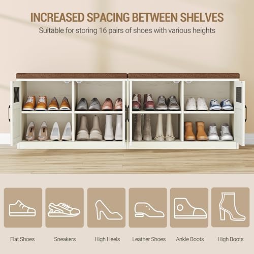 Hzuaneri 59" Shoe Storage Bench with 4 Barn Doors & Padded Seat Cushion