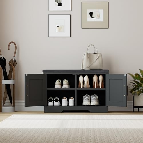 HOMSHO Farmhouse Shoe Storage Bench with 2 Barn Doors & Padded Seat Cushion