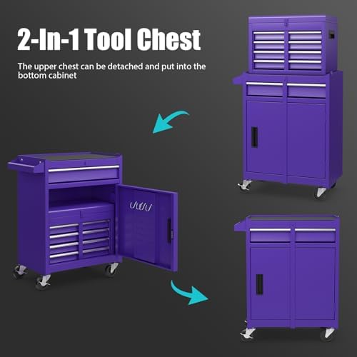 Goplus Purple Tool Chest, 5 Drawers Rolling Tool Cabinet w/Detachable Top Toolbox, Universal Lockable Wheels,Lock Bar,Protective Liner,Tool Rack, Metal Tool Storage Cart, Tool Box for Garage Workshop