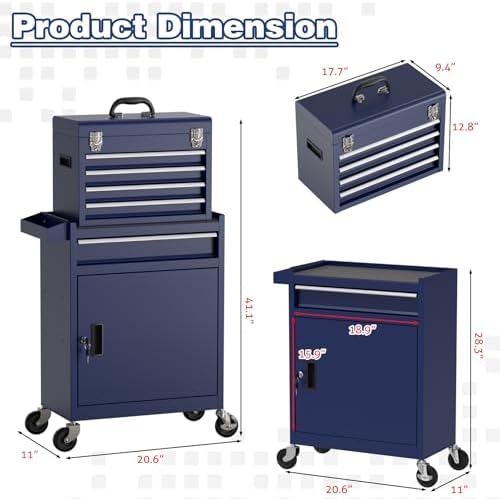 Rolling Tool Box with Wheels, 5-Drawer High Capacity Tool Chest with Wheels, Removable Storage Toolbox with Lock for Garage, Workshop (Blue)
