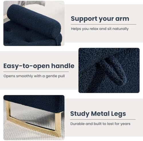 52" Storage Bench for Bedroom Upholstered End of Bed Bench Gold Leg Blue