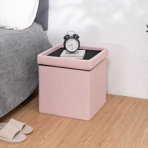 Folding Storage Ottoman Bench, 15 Inch Boucle Small Ottoman Foot Rest for Couch, End of Bed Bench with 397 lb Capacity, Storage Chest for Living Room, Bedroom, Entryway Pink