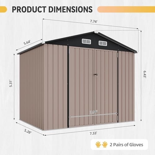 Aoxun 8'x6' Metal Storage Shed with Floor & 2 Magnetic Sensor Lights Brown