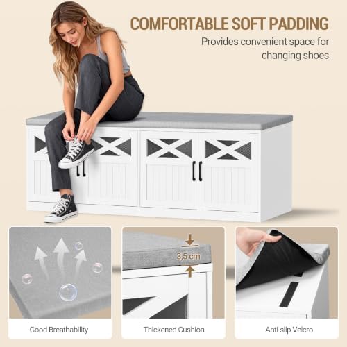 Hzuaneri 47.2" Shoe Storage Bench with 4 Barn Doors & Padded Seat Cushion