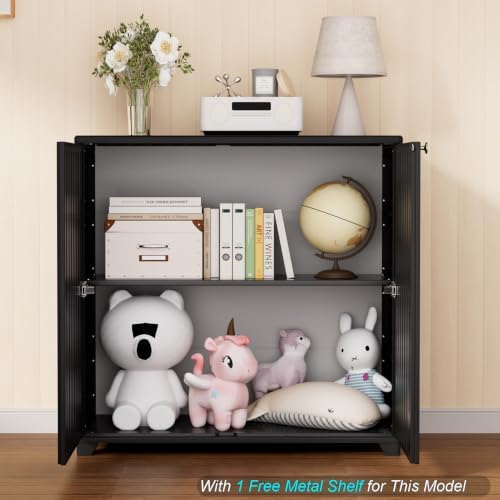 HOMSPARK Indoor/Outdoor Storage Cabinet with Doors and 1 Shelf, 34”x15”x34” HDPE Plastic Storage Box for Bedroom, Bathroom, Living Room, Balcony, Multi-Purpose for Daily Tools, Black