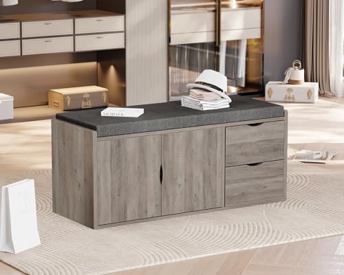 LVB 2-Tier Storage Bench with Padded Cushion, Entryway Bench with 2 Drawers